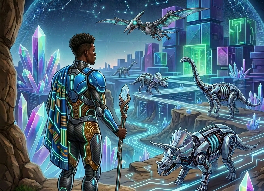 Elder man in traditional attire with staff overlooking a futuristic landscape with robotic dinosaurs and glowing crystals